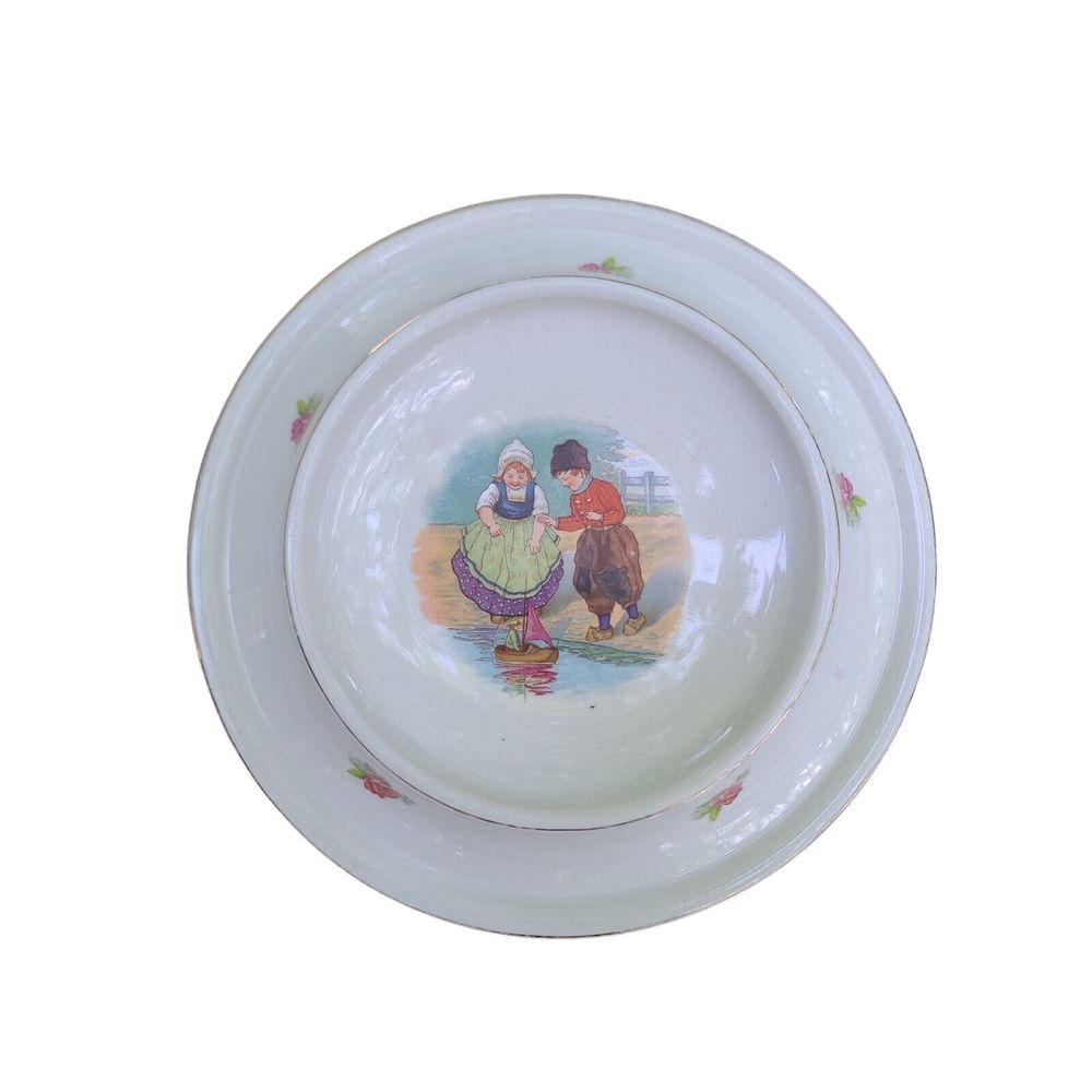 ROYAL Baby Plate 1905 Dutch Children Sailing Wooden Shoe as their Boat Vintage